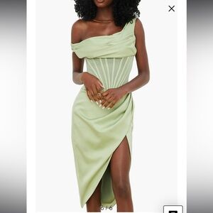 House of CB Lulu Corset One-Shoulder Satin Midi Dress